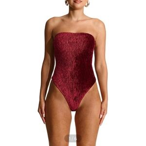 naked wardrobe Wine Crushed Velvet Strapless High-Cut Bodysuit